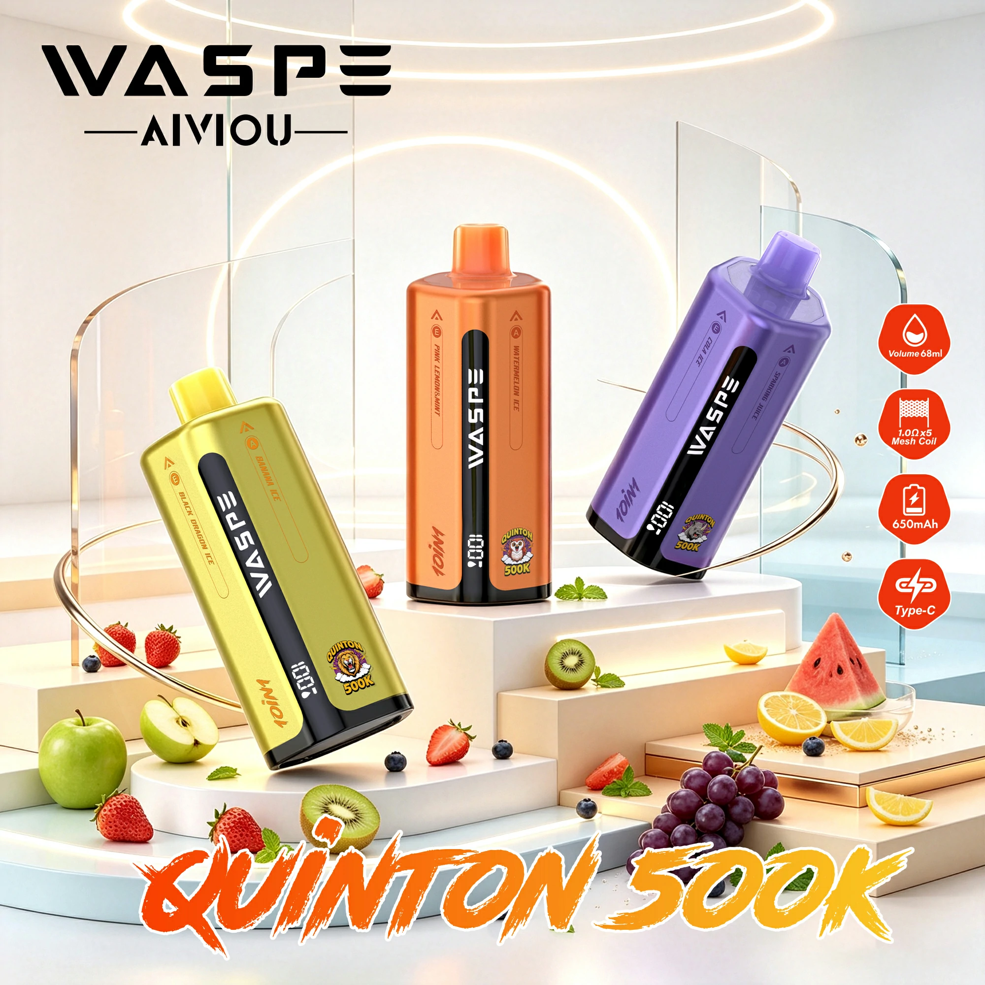 WASPE 10-in-1 Quinton 500000 500K Trekjes LED Scherm Wegwerp Vape