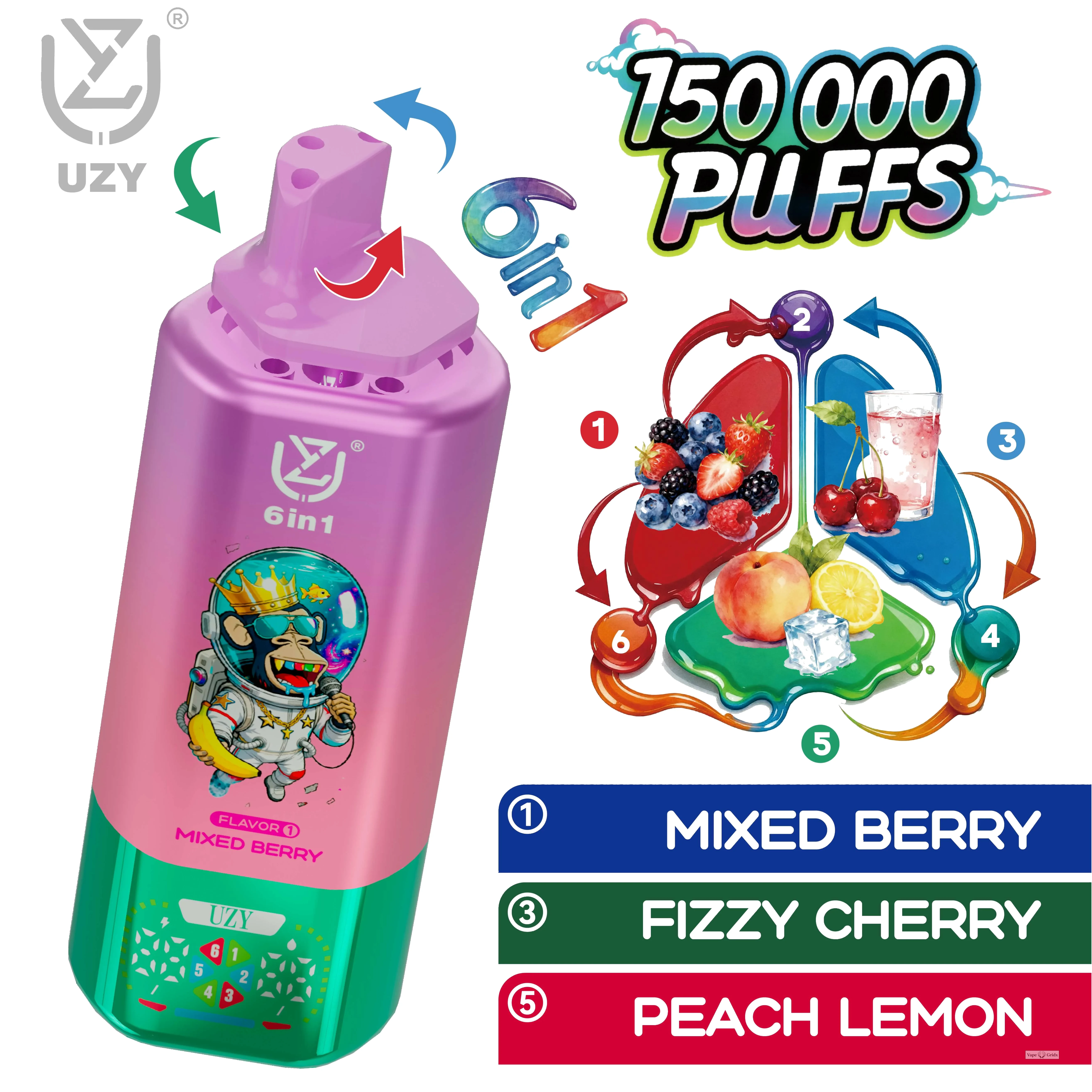 UZY 6-in-1 150000 150K Trekjes Zes smaken Wegwerp vape