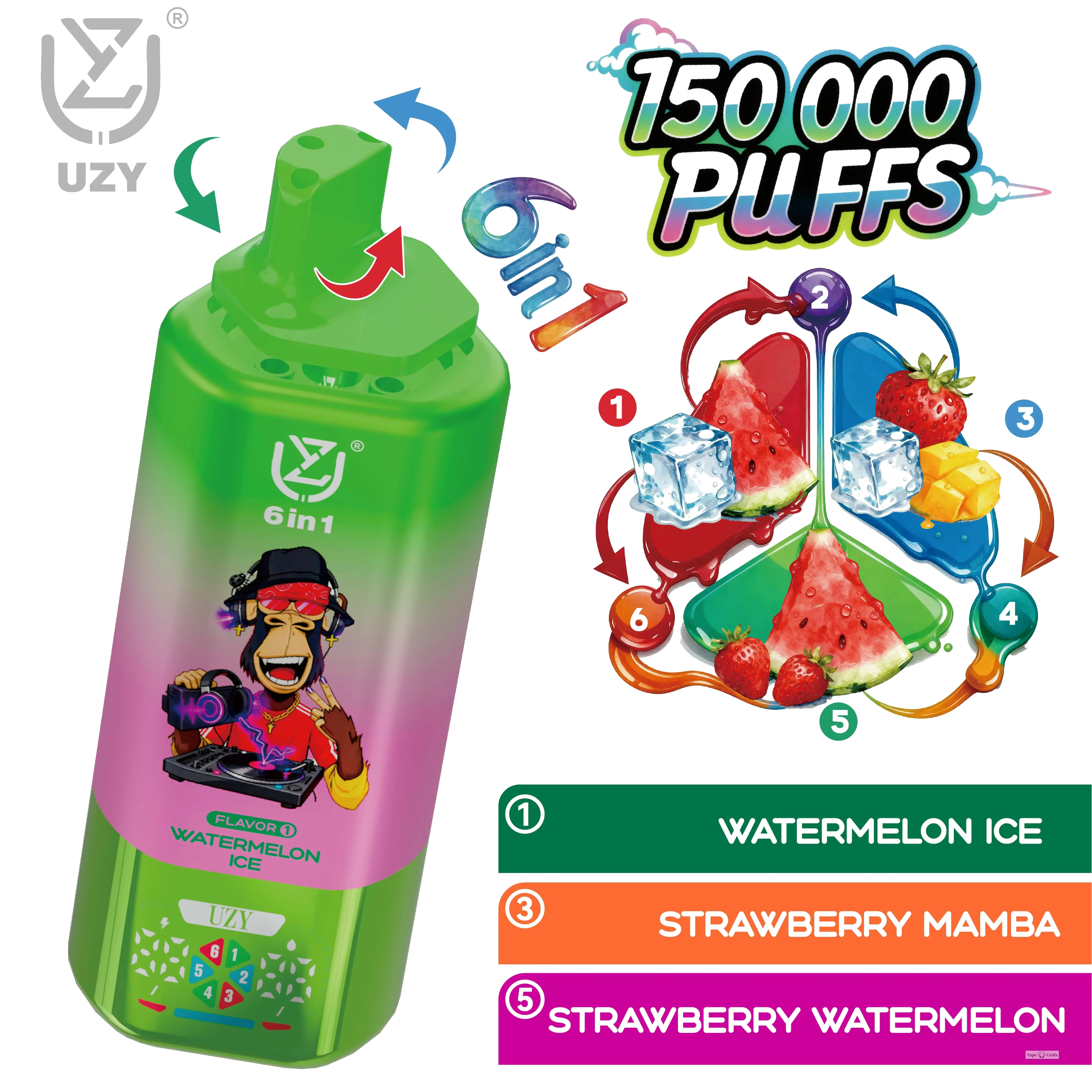 UZY 6-in-1 150000 150K Trekjes Zes smaken Wegwerp vape - image 2