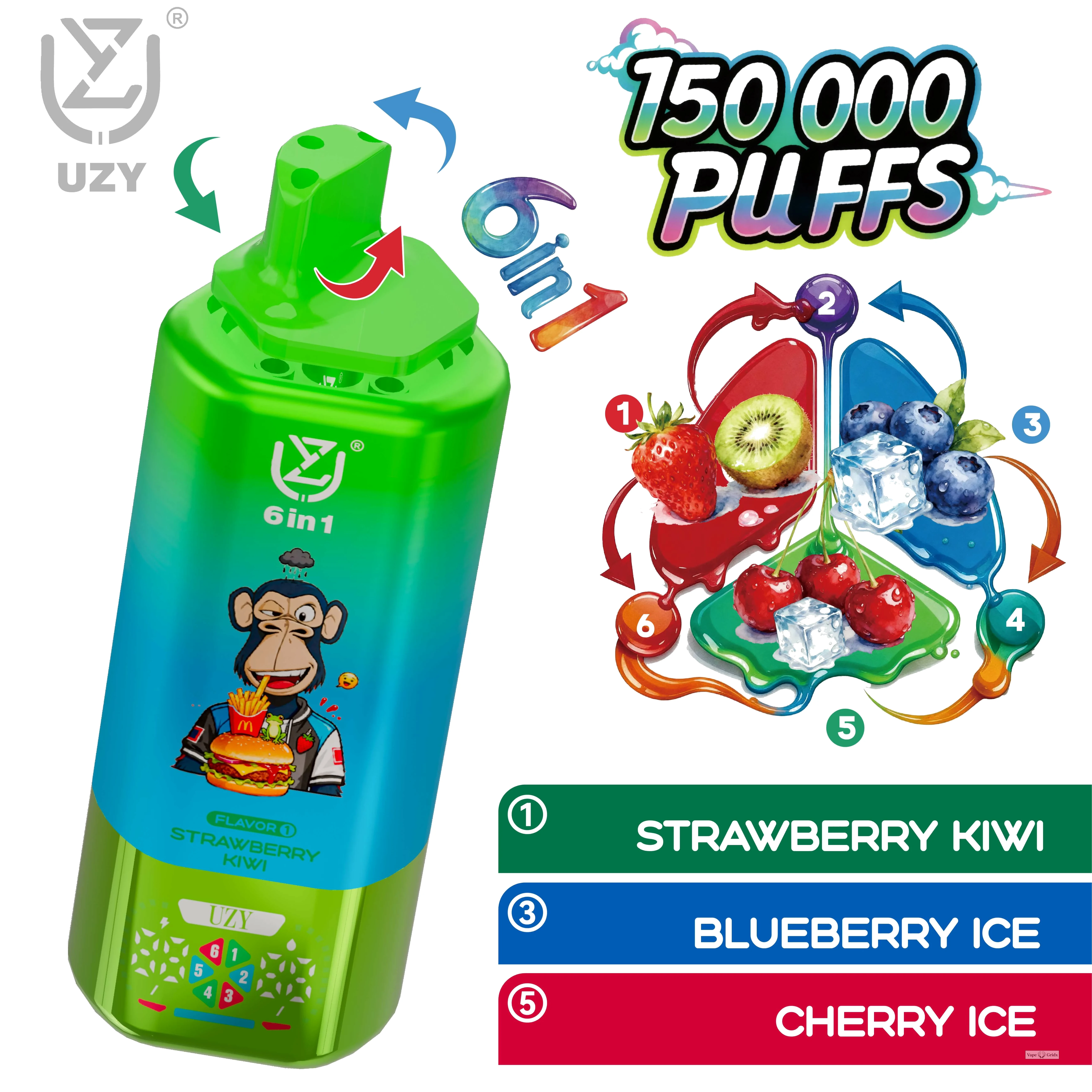UZY 6-in-1 150000 150K Trekjes Zes smaken Wegwerp vape - image 3