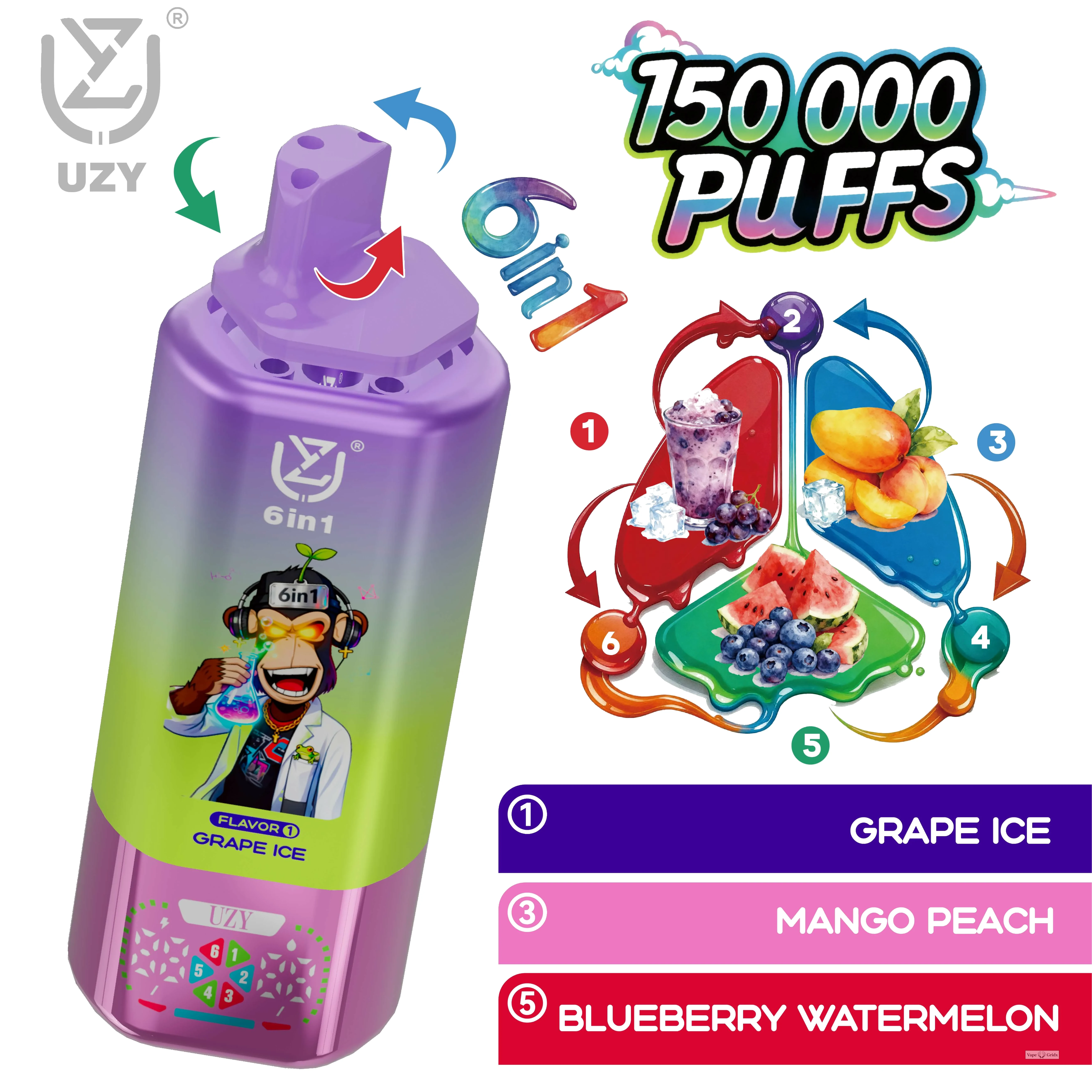 UZY 6-in-1 150000 150K Trekjes Zes smaken Wegwerp vape - image 6